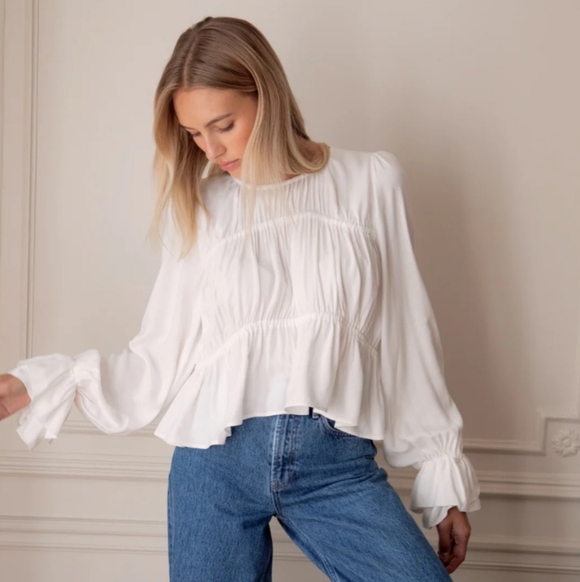 Rosae Paris Tops - Rosae Paris Le Delaunay Smocked Blouse With Ruffled Wrists In Meringue